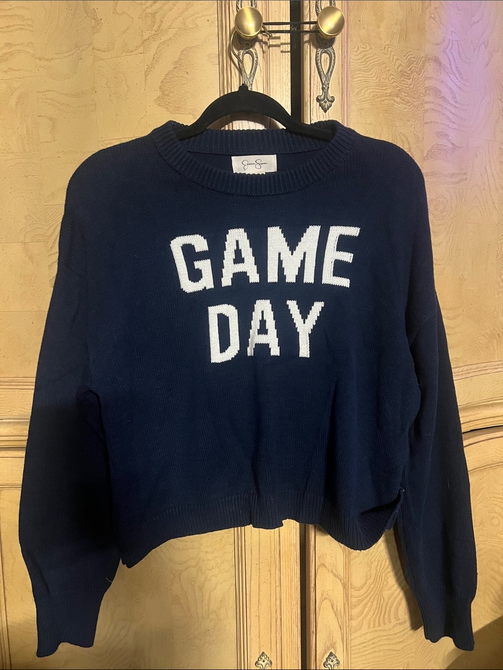 Jessica Simpson Navy Crewneck Sweater with White 'GAME DAY' Lettering alil crop.